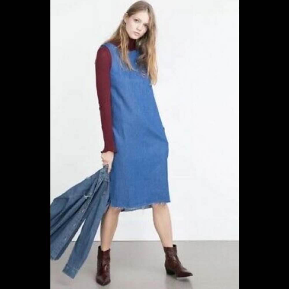Zara denim midi chambray dress raw hem sleeveless